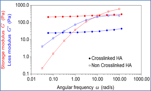 Oscillation frequency sweeps on crosslinked and non-crosslinked hyaluronic acid formulations.