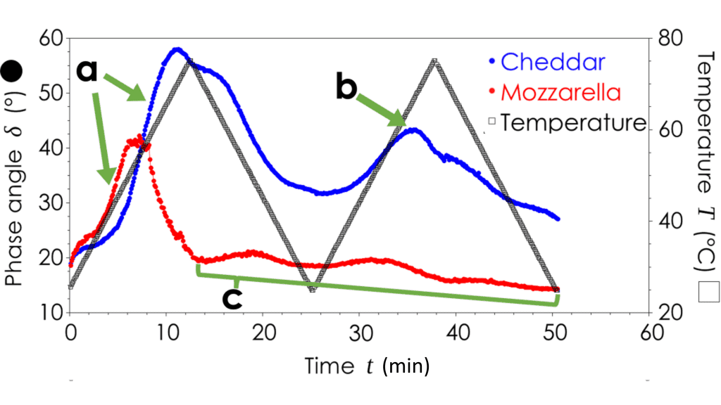 Phase angle as a function of temperature showing melt and solidification