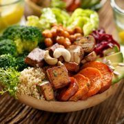 Bowl containing plant-based protein items