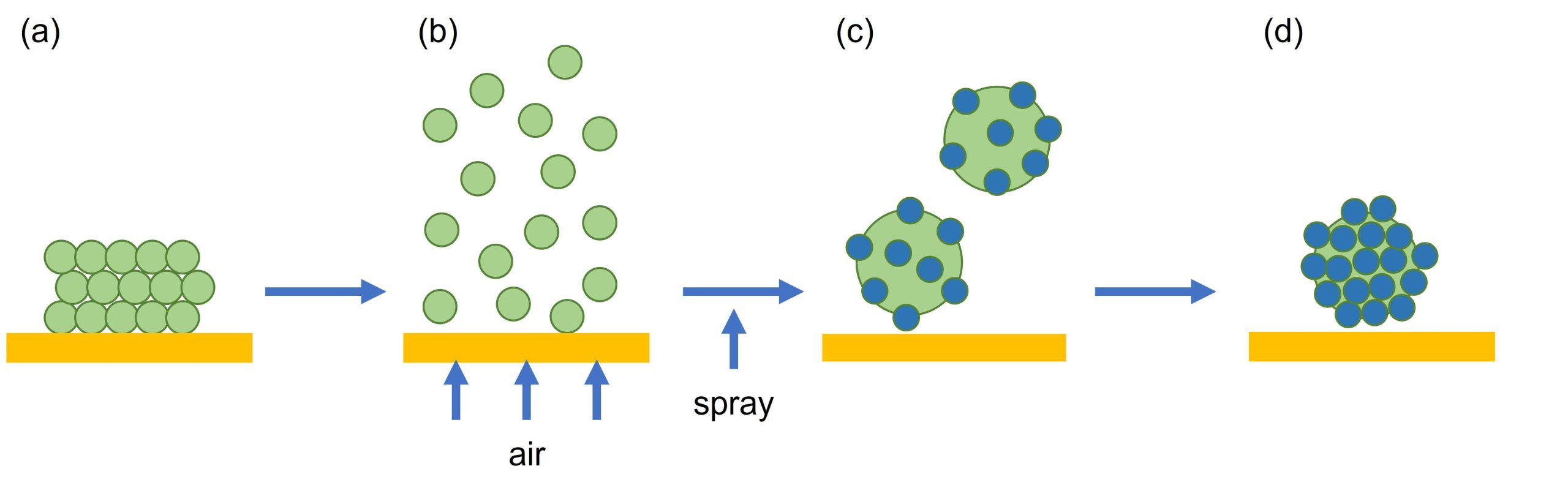 schematic to show key stages during fluid-bed mediated particle coating 